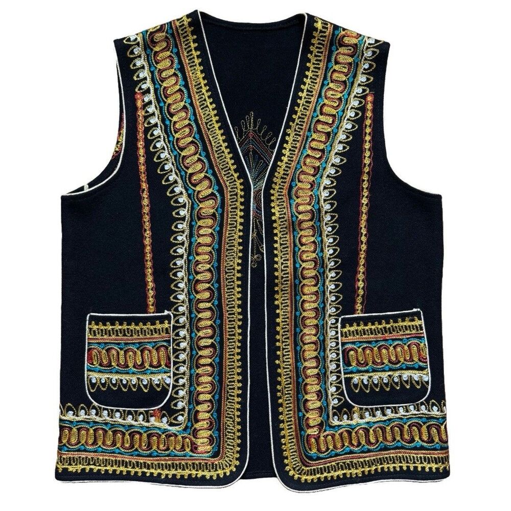 VTG 70s 80s Velvet Vest Embroidery Boho Women’s Size S-M Black Gold Jimi Hendrix